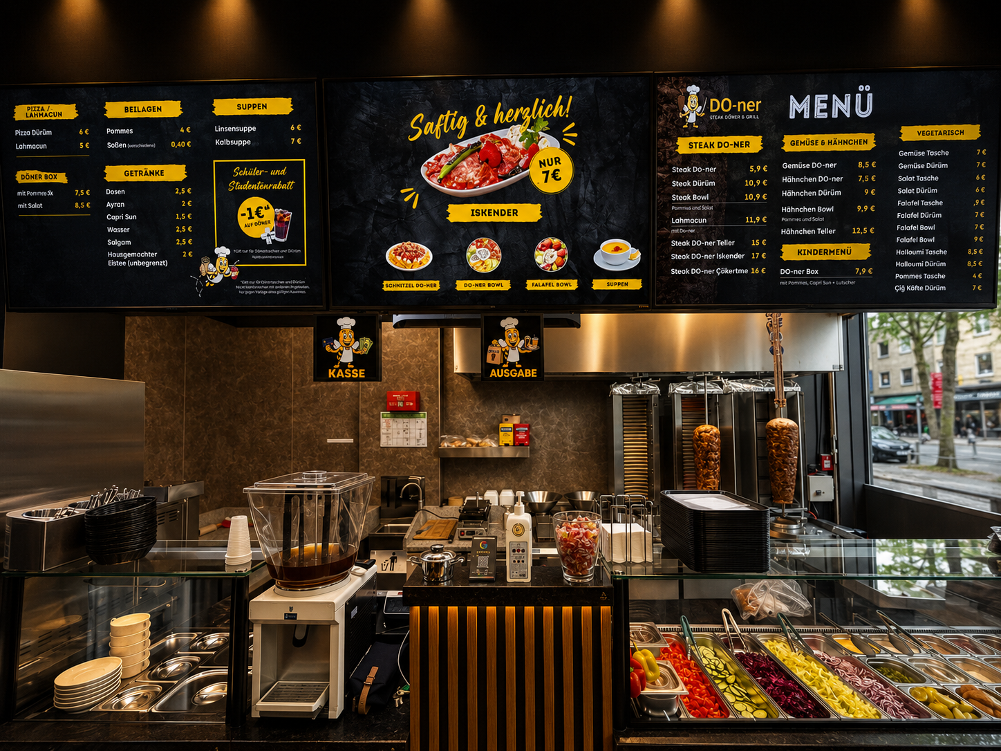 Theke mit Drehspießen und Menütafel